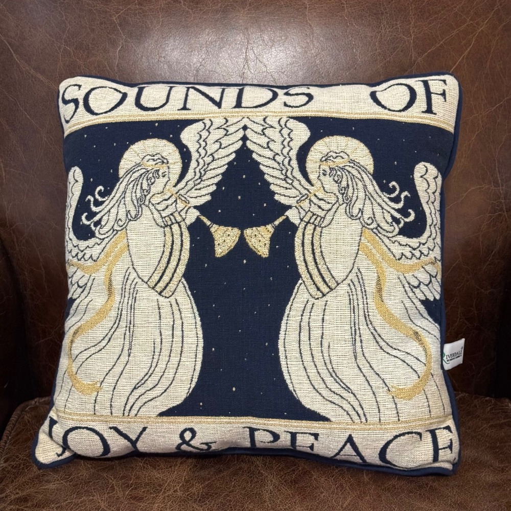 Riverdale Woven Tapestry Angel Pillow Sounds of Joy & Peace Navy Gold USA Made